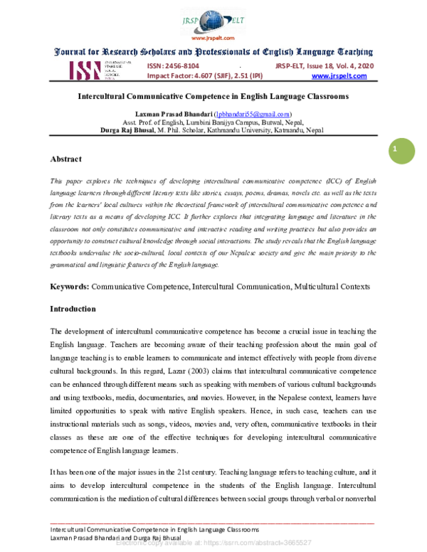 (PDF) Intercultural Communicative Competence in English Language Classrooms