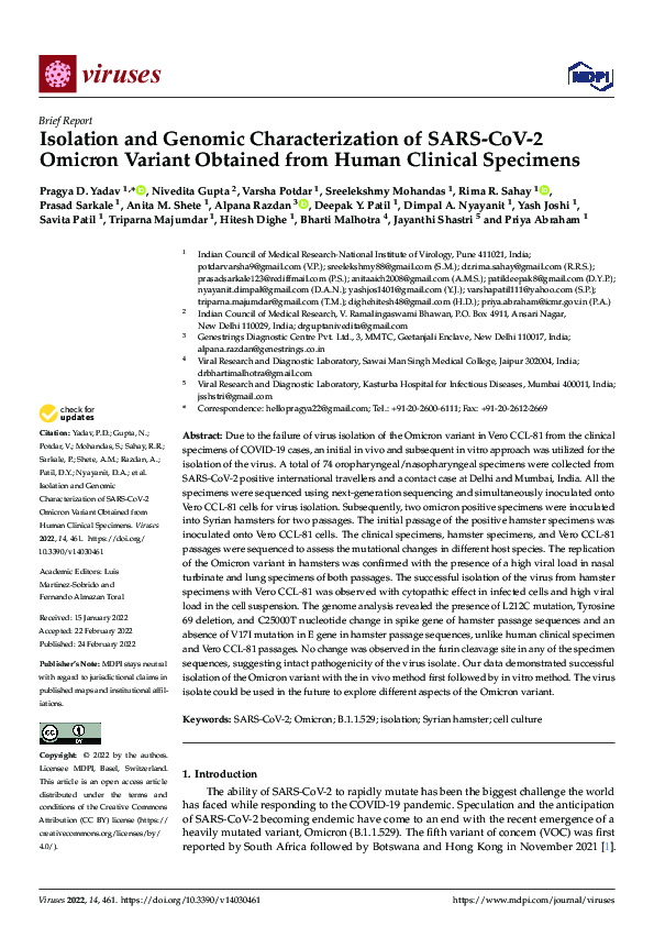 (PDF) Isolation and Genomic Characterization of SARS-CoV-2 Omicron ...