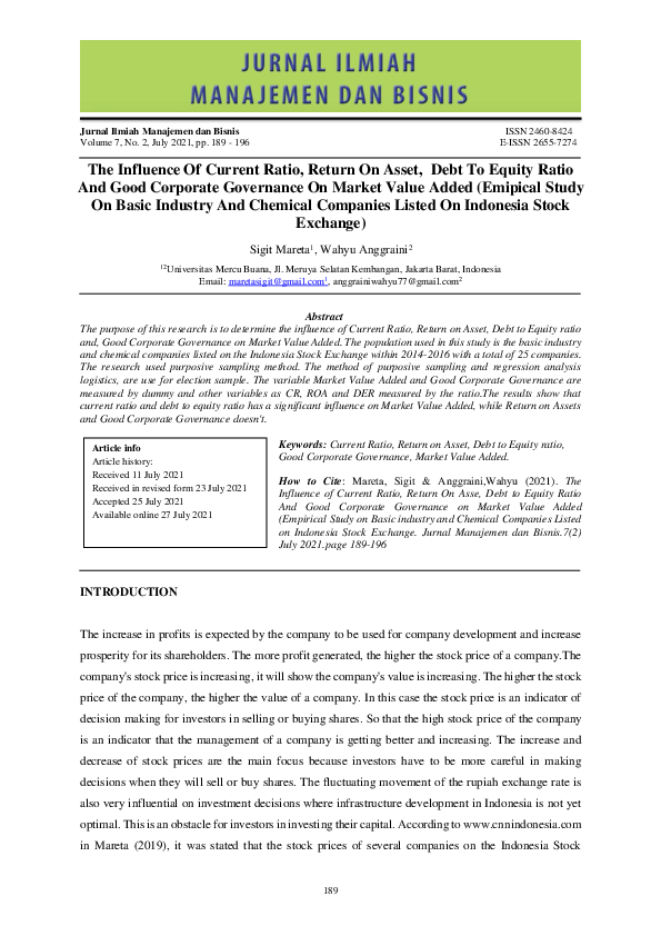 (PDF) The Influence of Current Ratio, Return on Asset, Debt to Equity ...