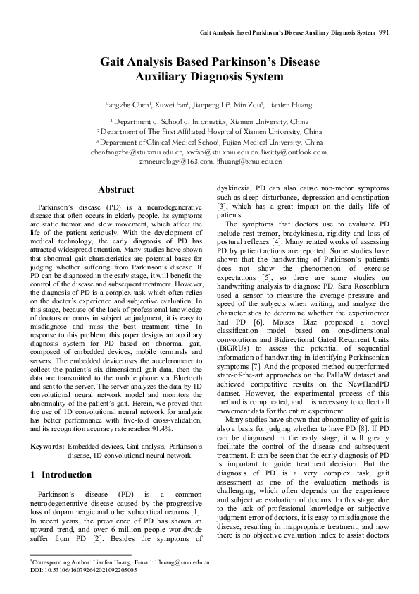 (PDF) Gait Analysis Based Parkinson’s Disease Auxiliary Diagnosis System