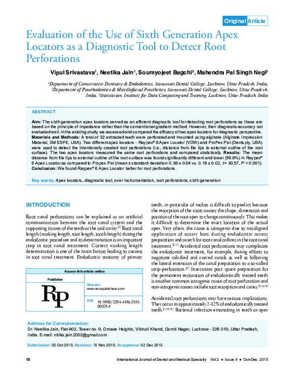 (PDF) Evaluation of the Use of Sixth Generation Apex Locators as a