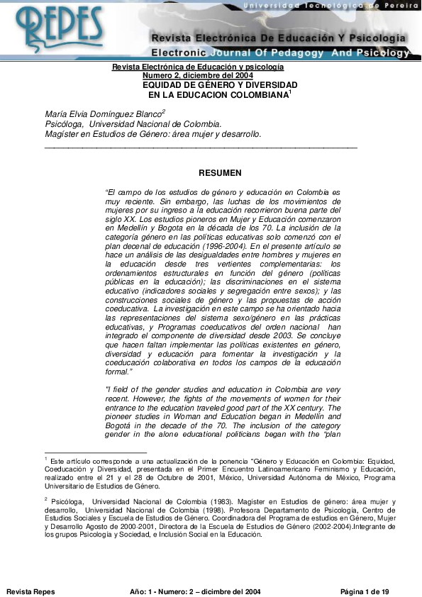 (PDF) Equidad De Género y Diversidad en La Educacion Colombiana