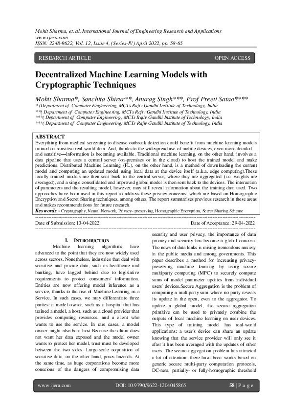 (PDF) Decentralized Machine Learning Models with Cryptographic Techniques
