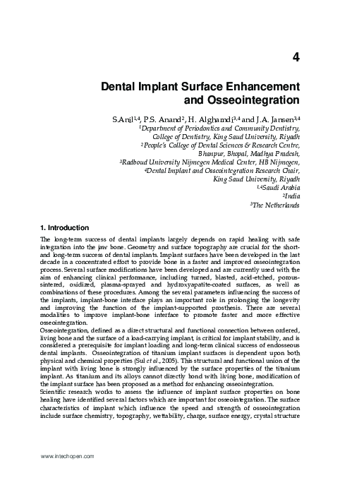 (PDF) Dental Implant Surface Enhancement and Osseointegration