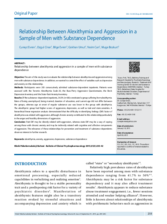 (PDF) Relationship of alexithymia with aggression among men with ...