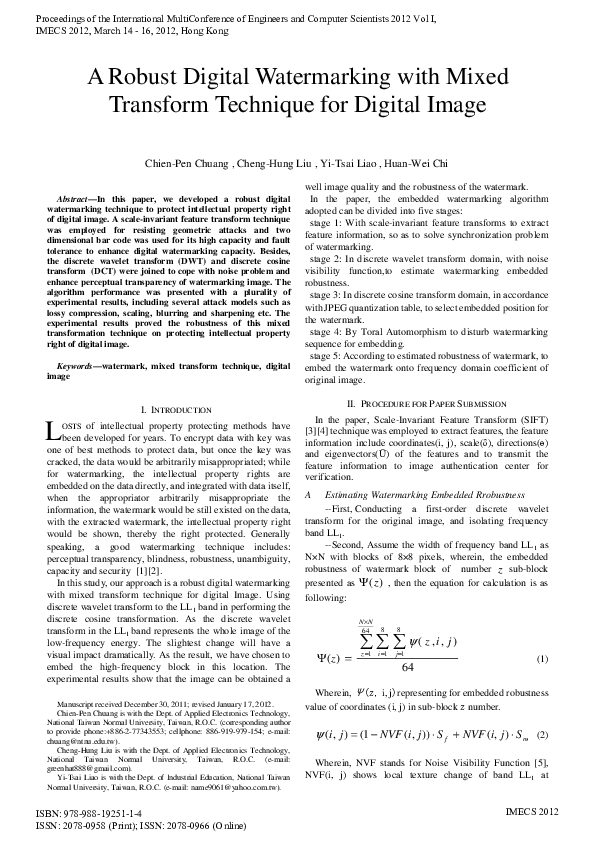 (PDF) A Robust Digital Watermarking with Mixed Transform Technique for ...