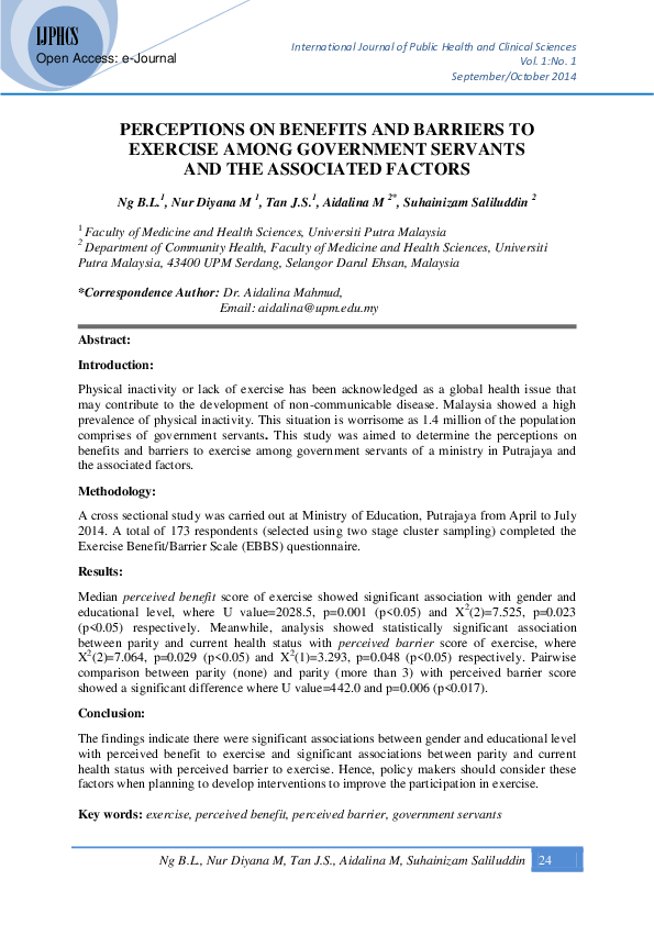 (PDF) Perceptions on Benefits and Barriers to Exercise Among Government ...