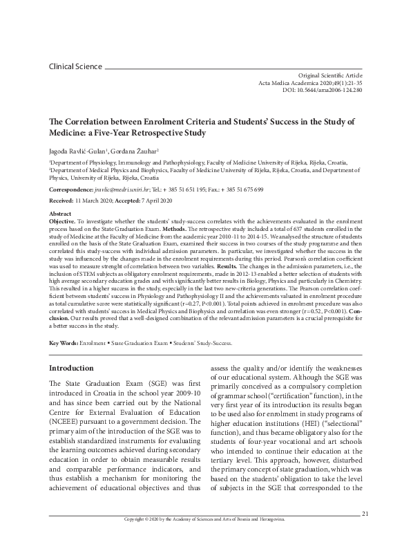(PDF) The Correlation between Enrolment Criteria and Students' Success ...
