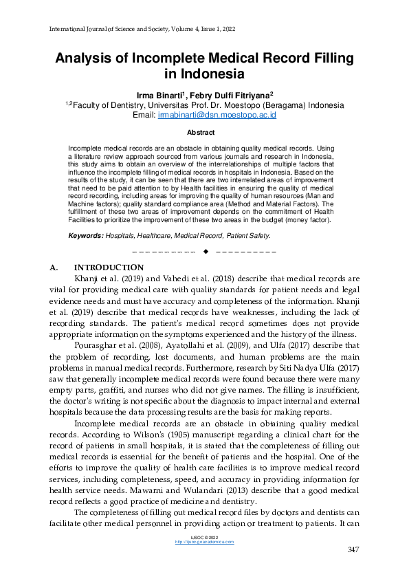 (PDF) Analysis of Medical Record Filling in Indonesia Irma