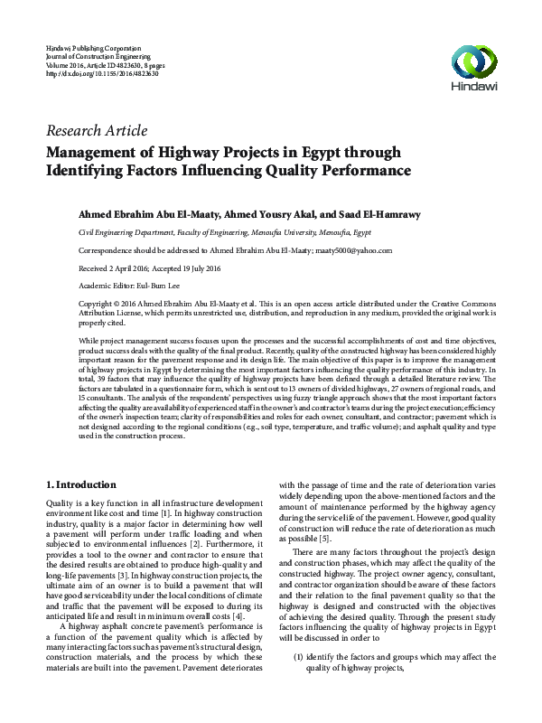 (PDF) Management of Highway Projects in Egypt through Identifying ...