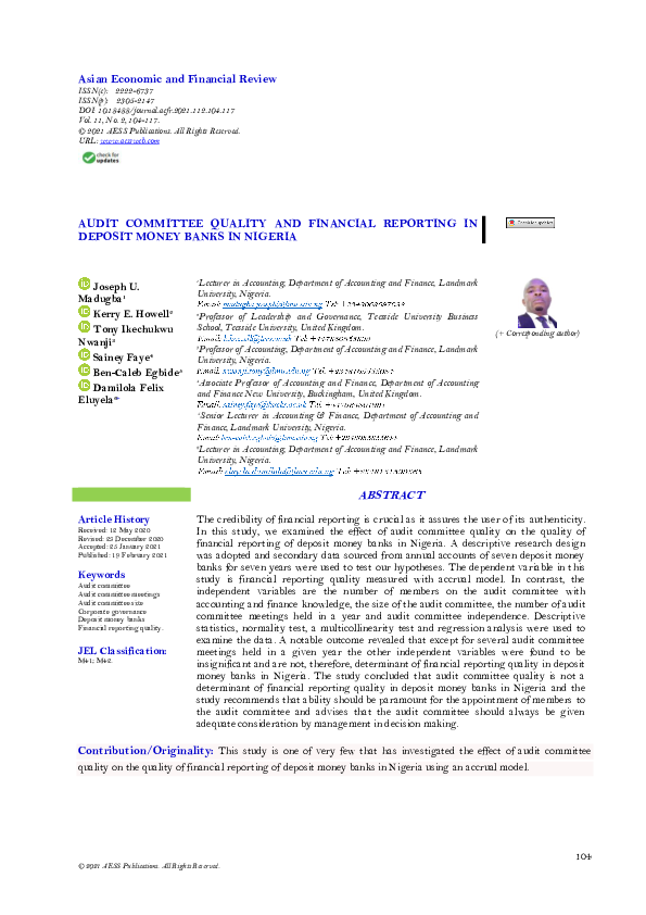 (PDF) Audit Committee Quality and Financial Reporting in Deposit Money ...