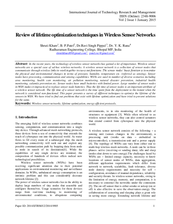 (PDF) Review of lifetime optimization techniques in Wireless Sensor ...