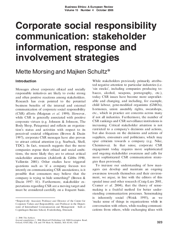 (PDF) Corporate social responsibility communication: stakeholder ...