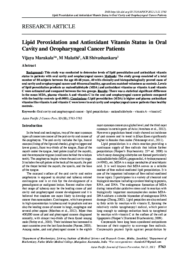(PDF) . Lipid Peroxidation and Antioxidant Vitamin Status in Oral ...