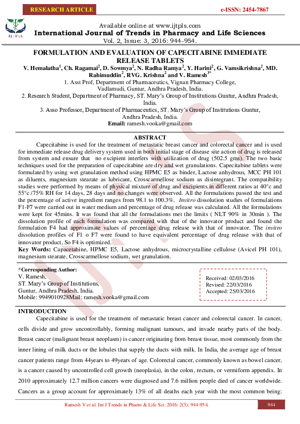(PDF) Formulation and Evaluation of Capecitabine Immediate Release Tablets