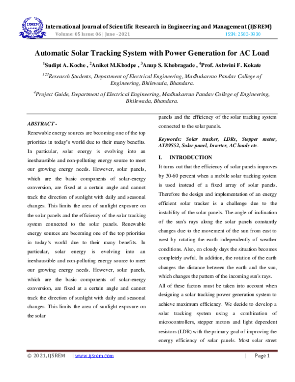 (PDF) Automatic Solar Tracking System with Power Generation for AC Load