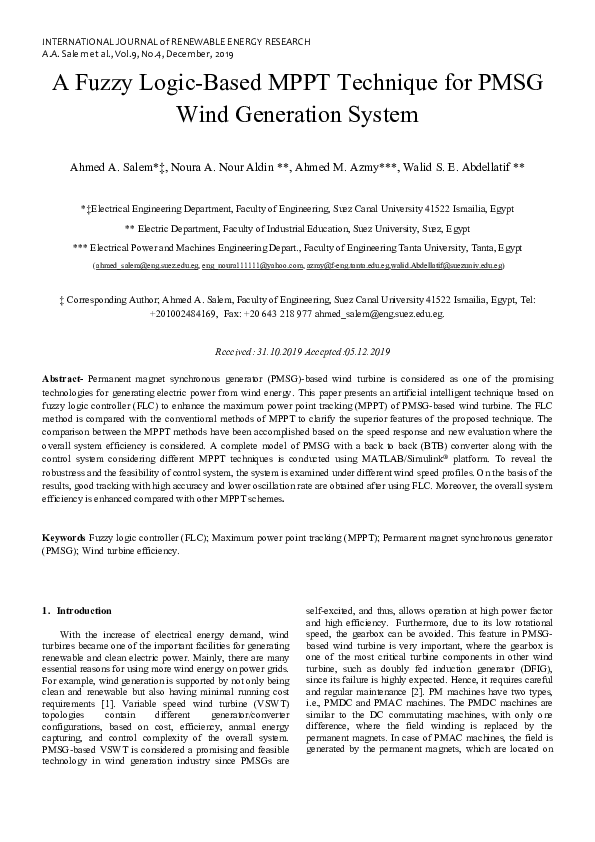 (PDF) A Fuzzy Logic-based MPPT Technique for PMSG Wind Generation System