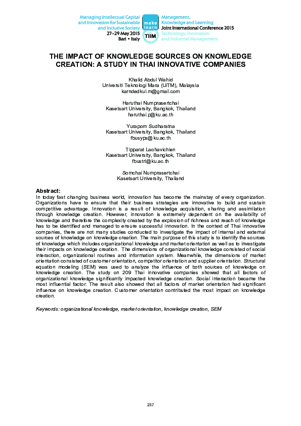 (PDF) The Impact of Knowledge Sources on Knowledge Creation: A Study in ...