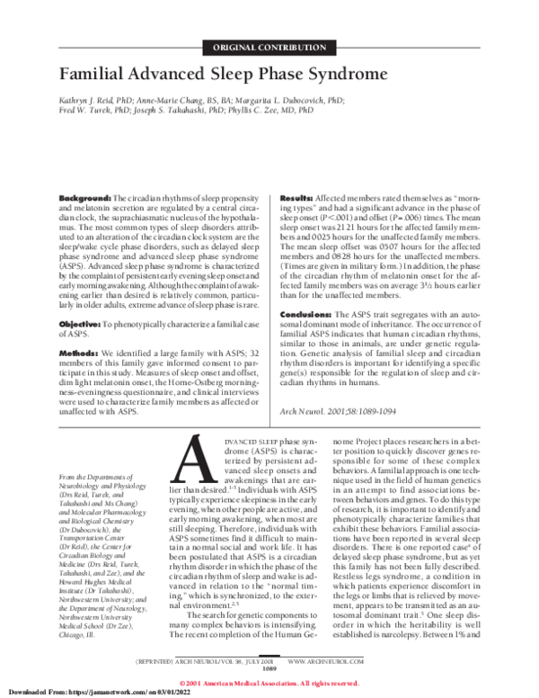 (PDF) Familial Advanced Sleep Phase Syndrome | Phyllis Zee - Academia.edu