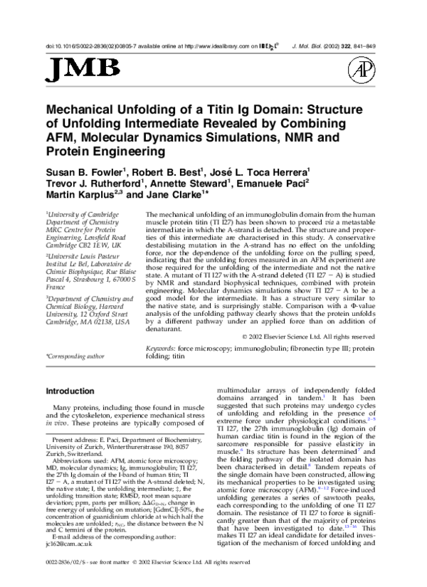 (PDF) Mechanical Unfolding of a Titin Ig Domain Structure of Unfolding