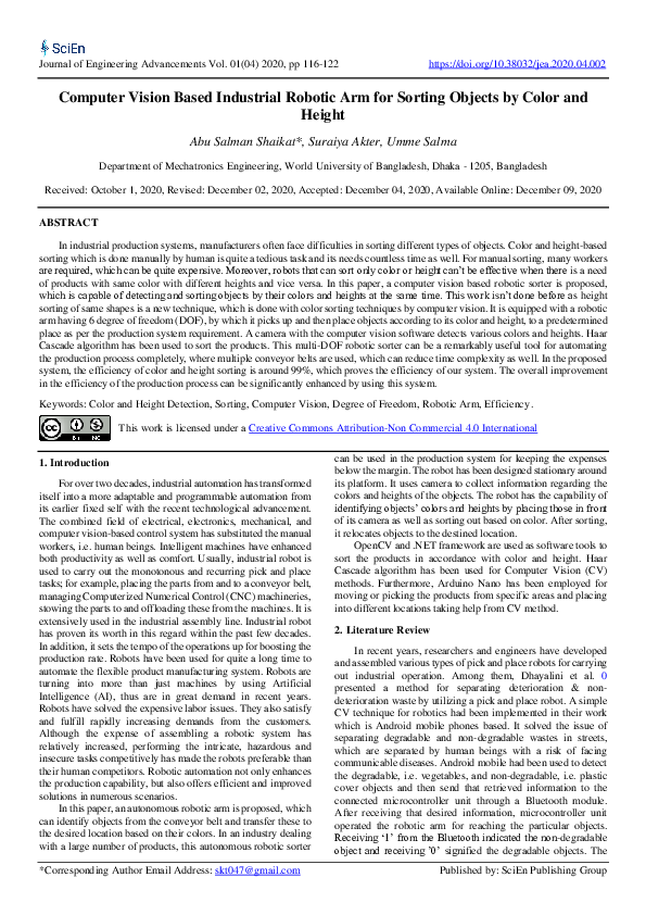 (PDF) Computer Vision Based Industrial Robotic Arm for Sorting Objects ...