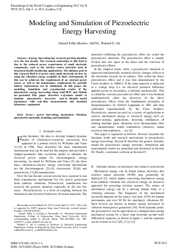 (PDF) Modeling and Simulation of Piezoelectric Energy Harvesting