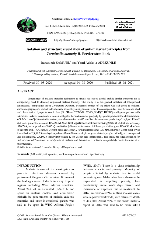 Isolation and structure elucidation of anti-malarial principles from Terminalia mantaly H. Perrier stem bark