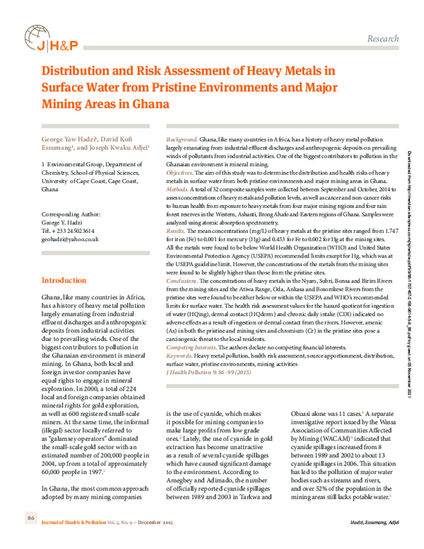 (PDF) Distribution and Risk Assessment of Heavy Metals in Surface Water ...