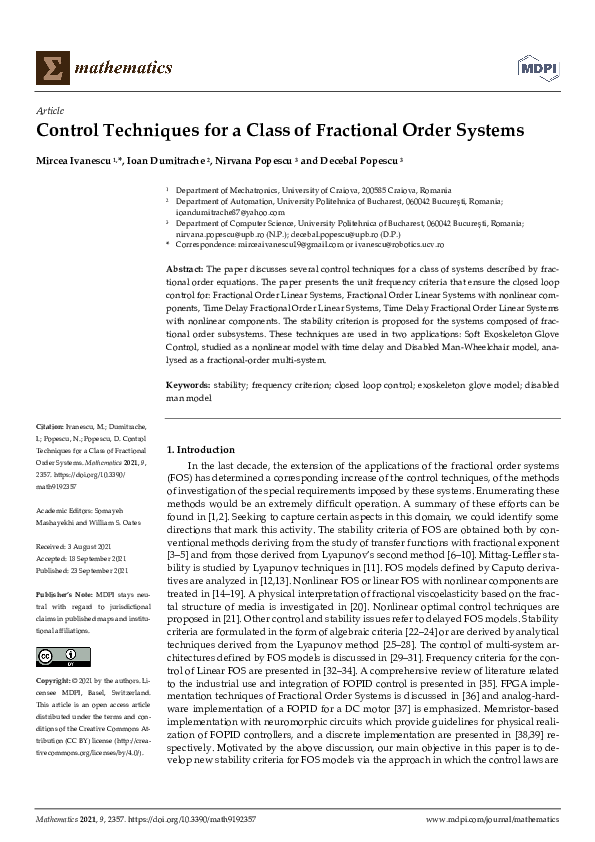 (PDF) Control Techniques for a Class of Fractional Order Systems