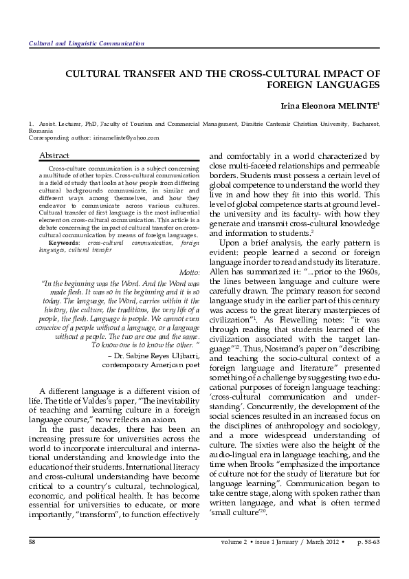 (PDF) Cultural Transfer and the Cross-Cultural Impact of Foreign Languages