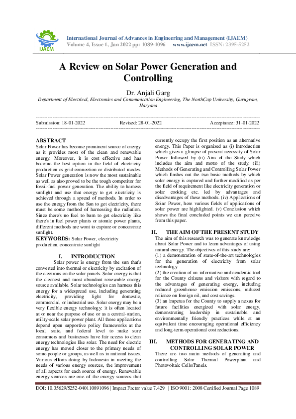 (PDF) A Review on Solar Power Generation and Controlling