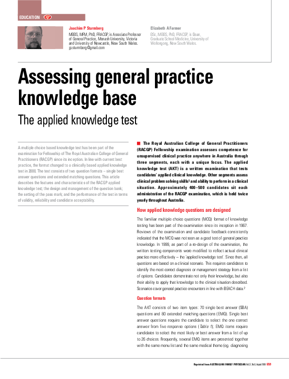 (PDF) Assessing general practice knowledge base--the applied knowledge ...