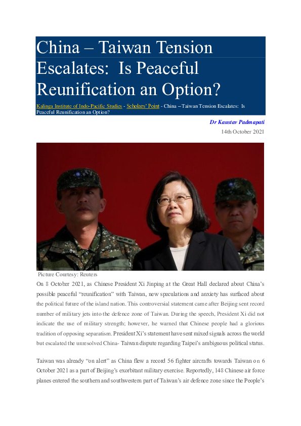 (PDF) China -Taiwan Tension Escalates: Is Peaceful Reunification an Option