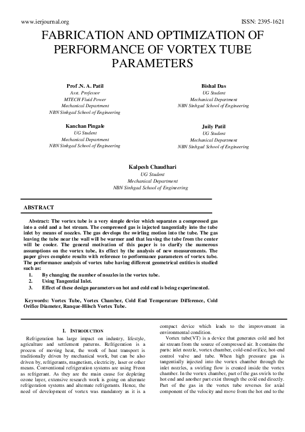 (PDF) Fabrication and Optimization of Performance of Vortex Tube Parameters