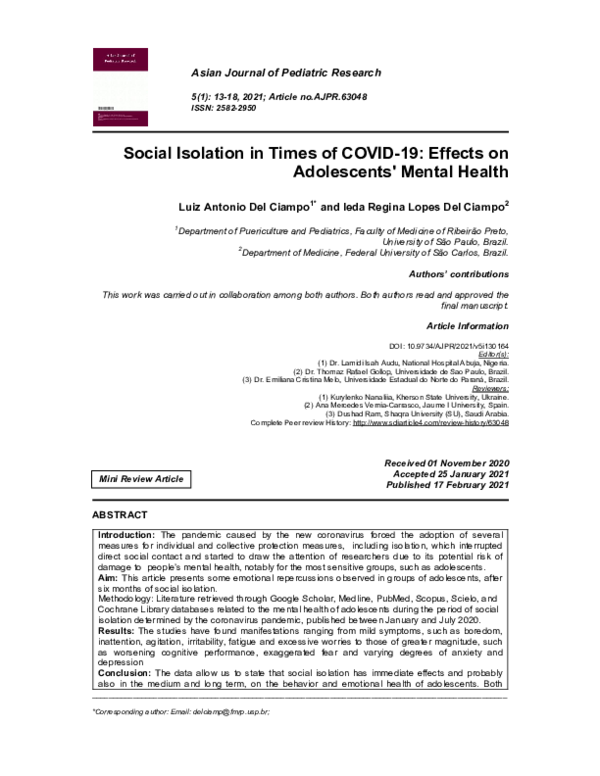 (PDF) Social Isolation in Times of COVID-19: Effects on Adolescents ...