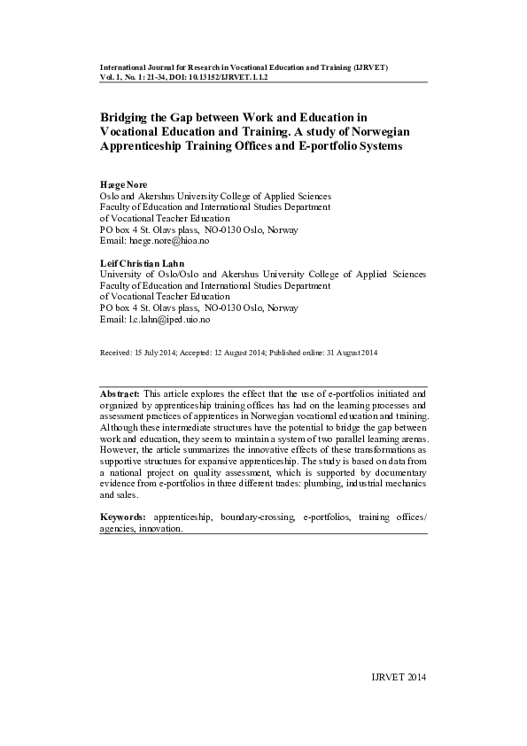 (PDF) Bridging the Gap between Work and Education in Vocational ...