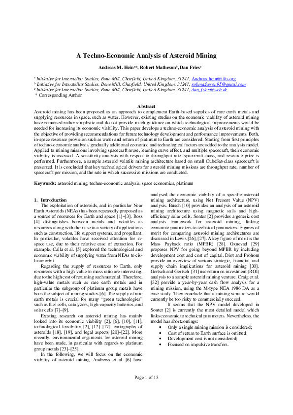 (PDF) A technoeconomic analysis of asteroid mining Rodert Matheson