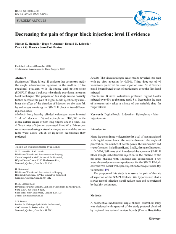 (PDF) Decreasing the pain of finger block injection: level II evidence