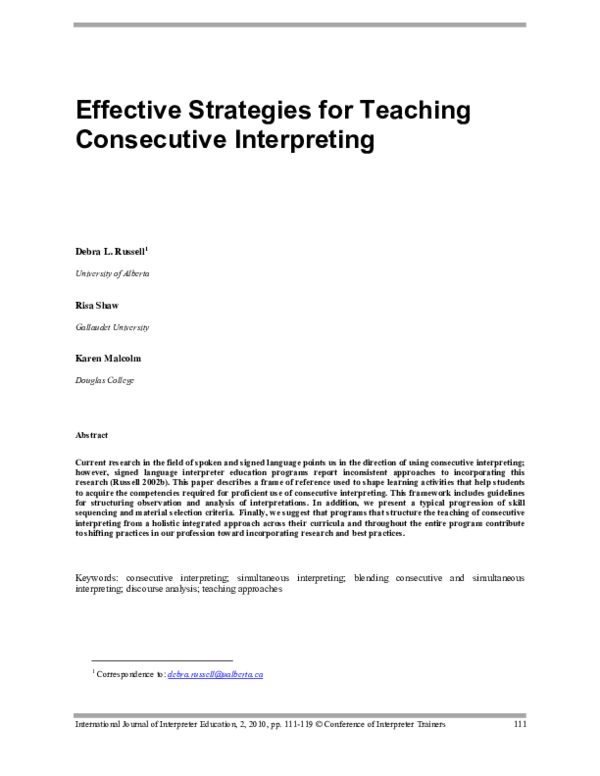 (PDF) Effective Strategies for Teaching Consecutive Interpreting