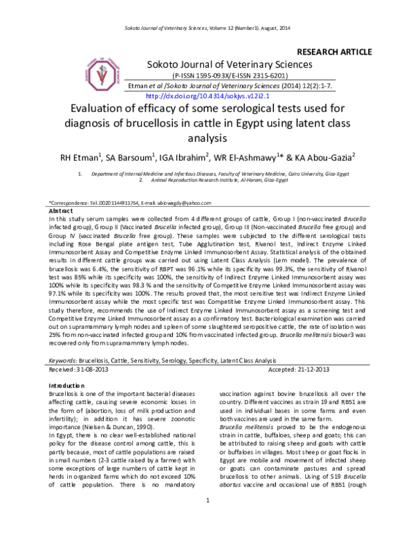 (PDF) Evaluation of efficacy of some serological tests used for ...