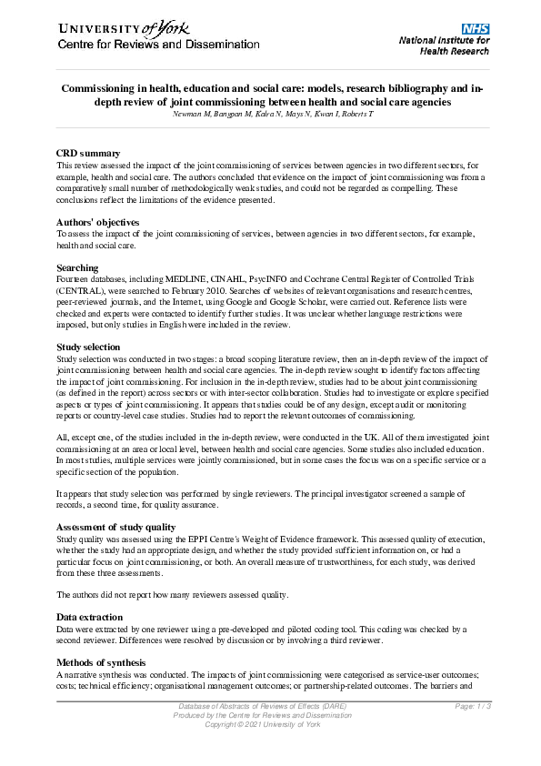 (PDF) Commissioning in health, education and social care: Models ...