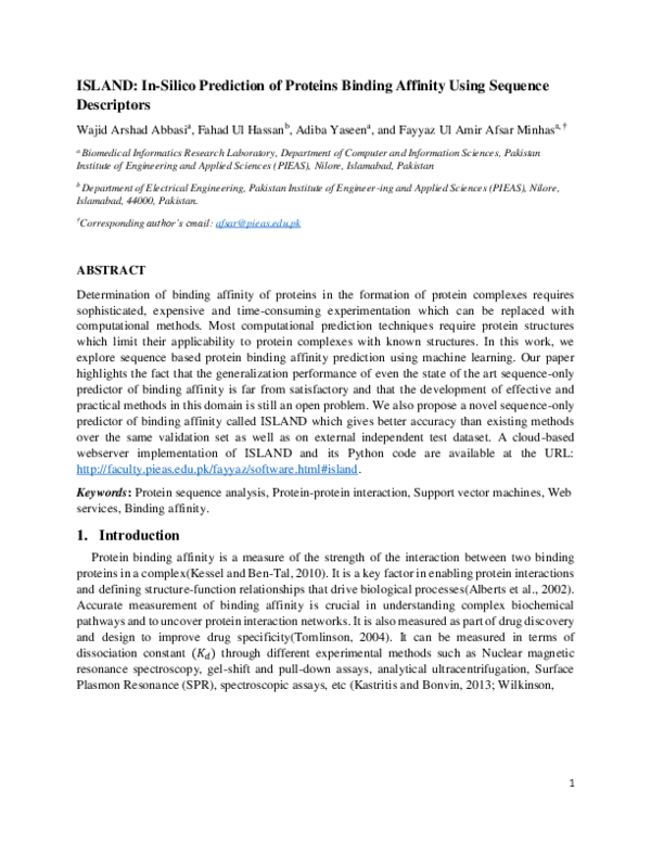 (PDF) ISLAND: In-Silico Prediction of Proteins Binding Affinity Using ...