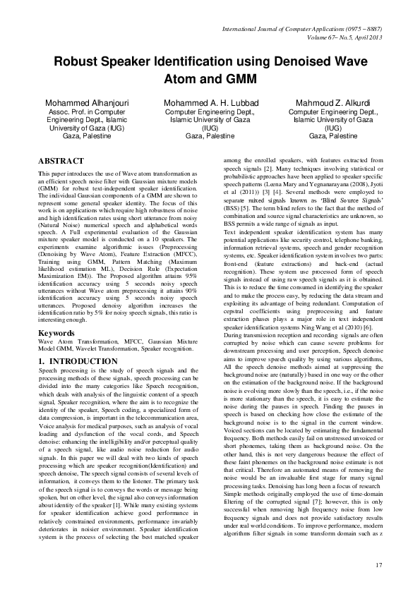 (PDF) Robust Speaker Identification using Denoised Wave Atom and GMM