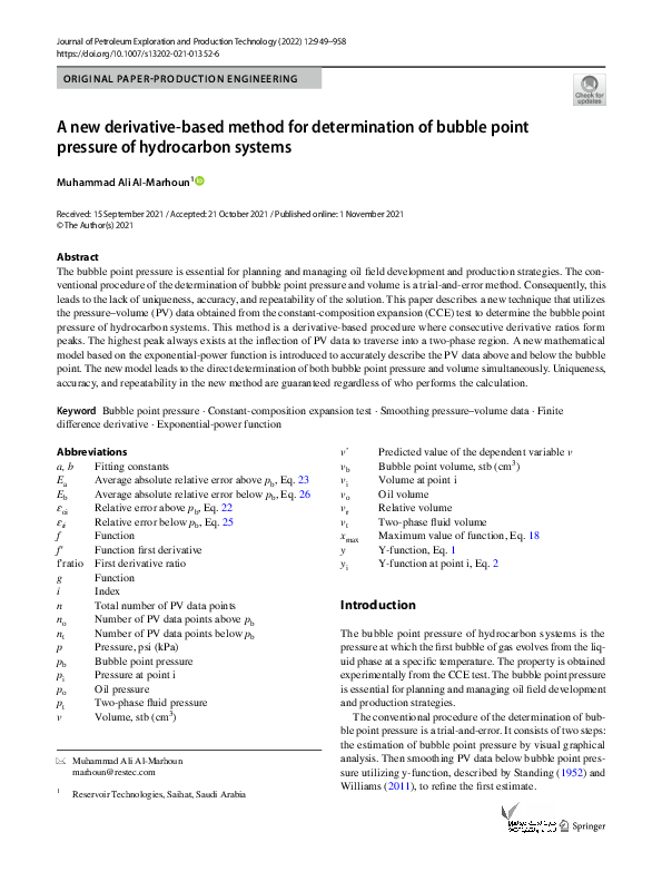 (PDF) A new derivative-based method for determination of bubble point ...