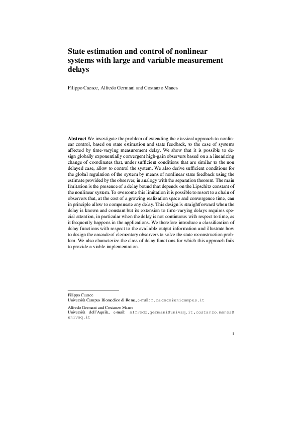 (PDF) State Estimation and Control of Nonlinear Systems with Large and ...