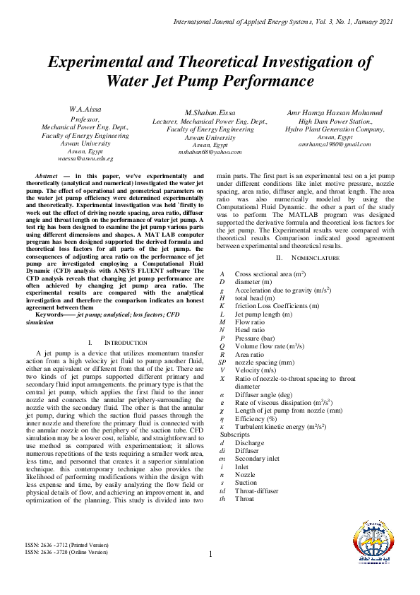 (PDF) Experimental and Theoretical Investigation of Water Jet Pump Performance Mohamed Shaban