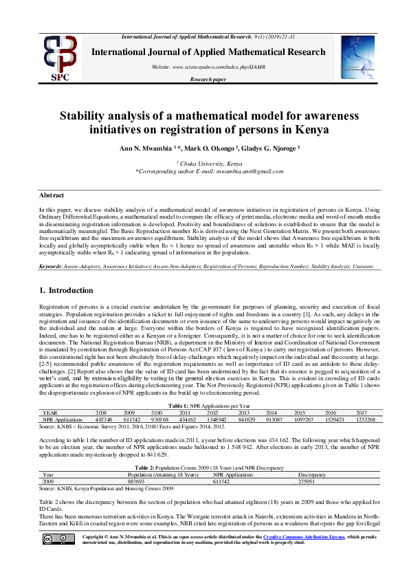(PDF) Stability analysis of a mathematical model for awareness ...