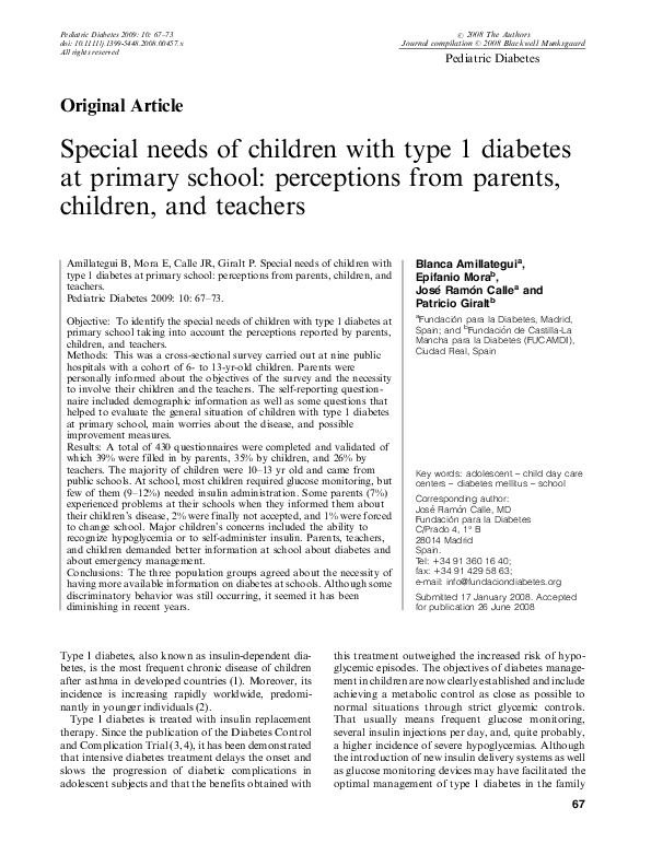 (PDF) Special needs of children with type 1 diabetes at primary school ...