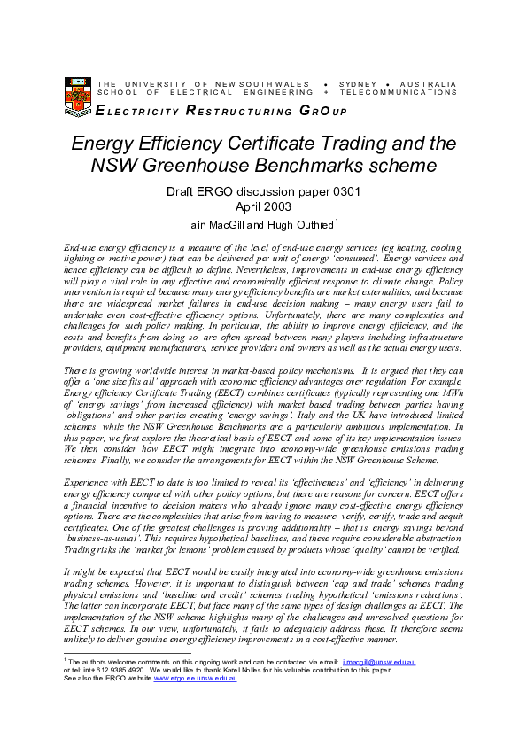 (PDF) Energy Efficiency Certificate Trading and the NSW Greenhouse ...