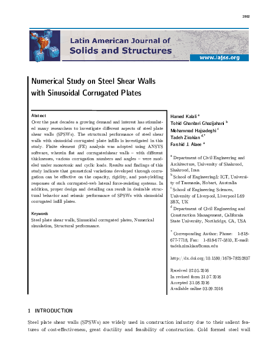 (PDF) Numerical Study on Steel Shear Walls with Sinusoidal Corrugated ...